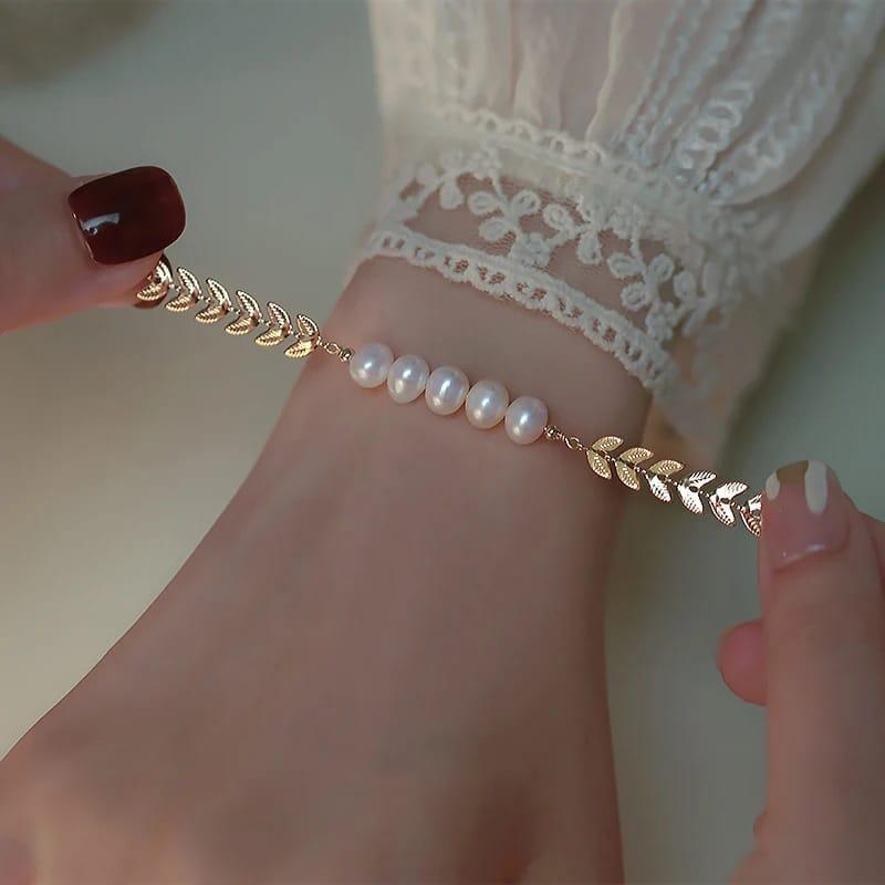 Golden Leaf Pearl Bracelet