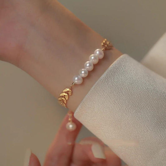 Golden Leaf Pearl Bracelet